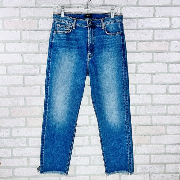 7 For All Mankind High Waist Cropped Straight Leg Raw Hem Jeans Size 32 - Picture 4 of 14